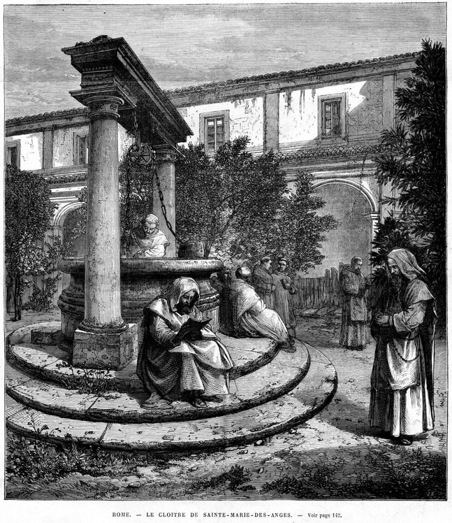 The Carthusian monks in the Small Cloister in an image from the time