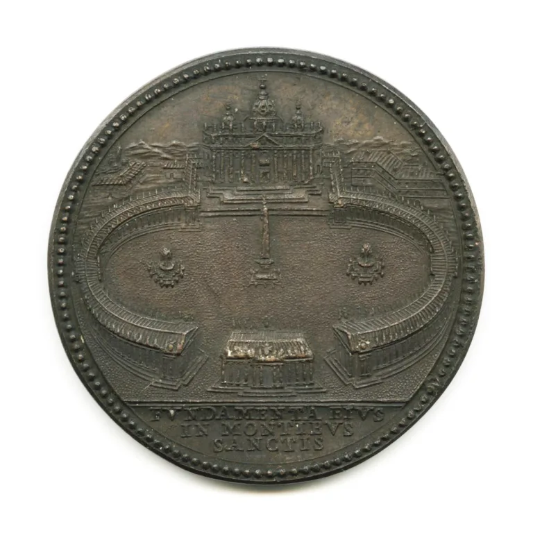 Stato della Chiesa. Medaglia in bronzo di Alessandro VII con veduta della Basilica di San Pietro (rovescio), riconiazione ottocentesca