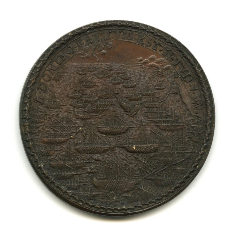 Papal States. Bronze medal depicting scene of the Battle of Lepanto (reverse), 19th-century recoinage