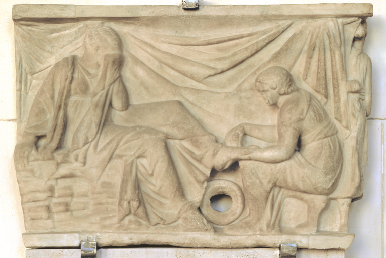 Relief from a sarcophagus depicting a wedding scene (washing of the feet)