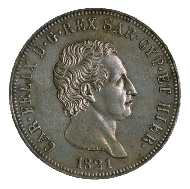 Kingdom of Sardinia. Silver 5 lire coin with portrait of King Charles Felix (1821-1831) (obverse), 1821