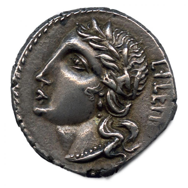 Social War. Silver denarius of the revolt of the Italian peoples with depiction of Italy (obverse), ca. 91-87 BC