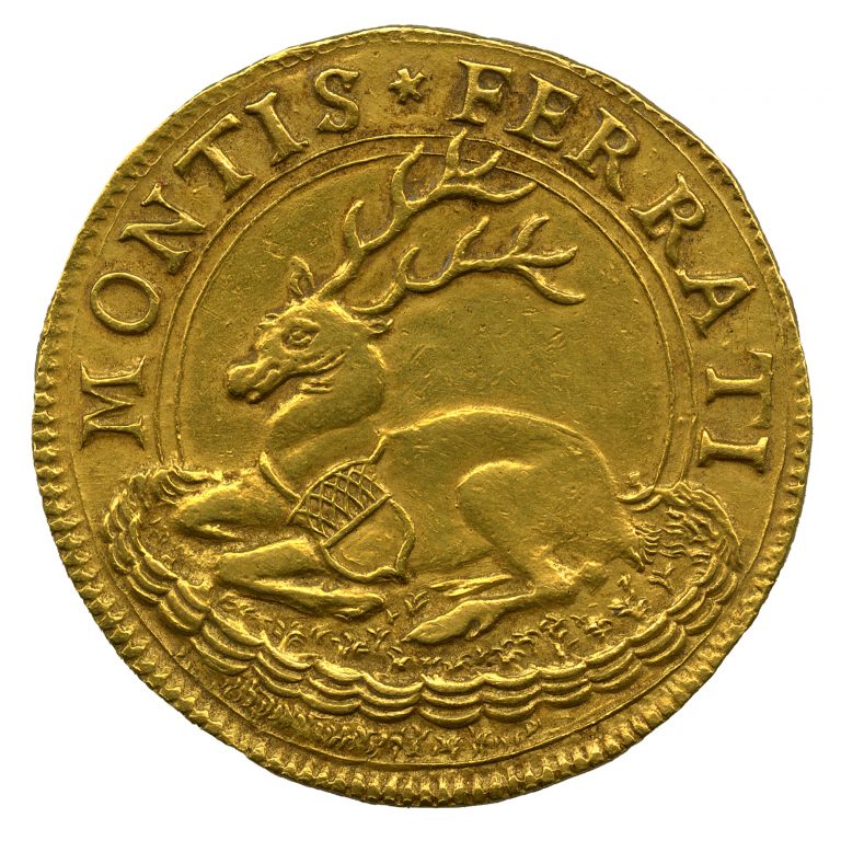 Marquisate of Montferrat. Gold 4 ducat coin depicting a crouching deer (reverse), 1494-1518