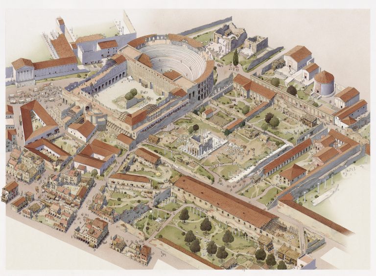 Reconstruction of the 5th-century view of the area around the Teatro di Balbo