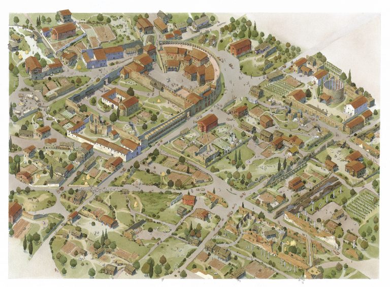 Reconstruction of the 10th-century view of the area around the Teatro di Balbo