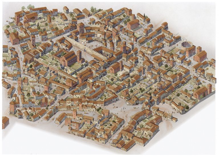 Reconstruction of the 14th-century view of the area around the Teatro di Balbo