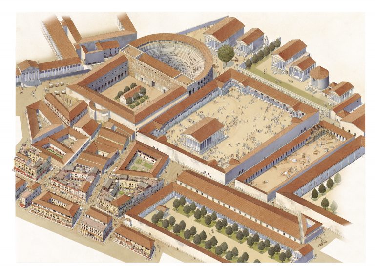 Reconstruction of the Imperial-age view of the area around the Teatro di Balbo